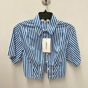 NWT FRAME blue/white strip top (crop-button front - back cinched waist XXS💜